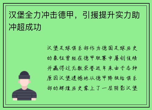 汉堡全力冲击德甲，引援提升实力助冲超成功