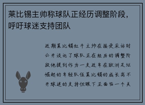 莱比锡主帅称球队正经历调整阶段，呼吁球迷支持团队