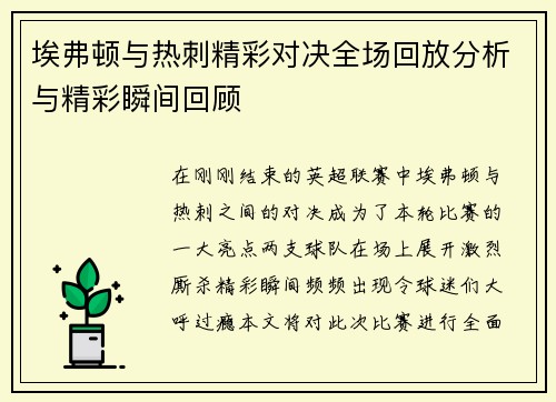 埃弗顿与热刺精彩对决全场回放分析与精彩瞬间回顾