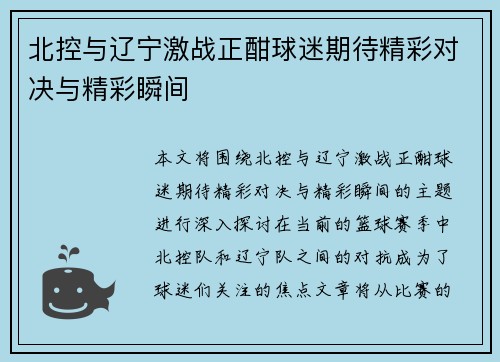 北控与辽宁激战正酣球迷期待精彩对决与精彩瞬间