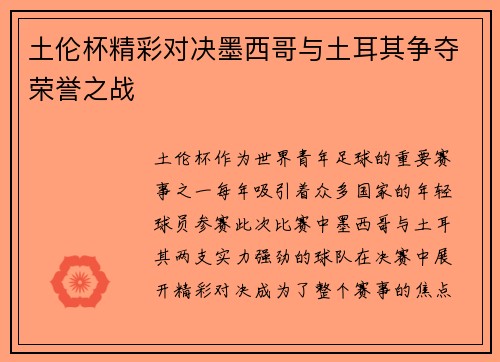 土伦杯精彩对决墨西哥与土耳其争夺荣誉之战