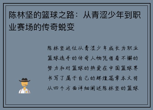 陈林坚的篮球之路：从青涩少年到职业赛场的传奇蜕变