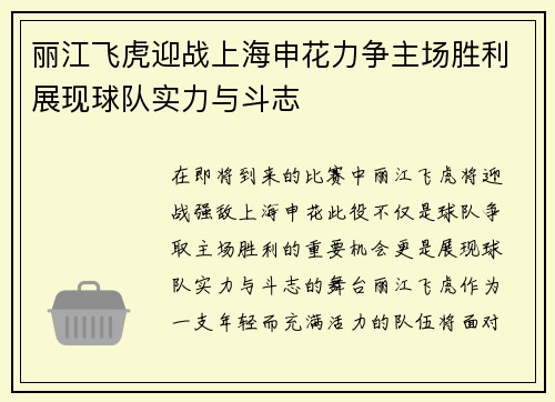 丽江飞虎迎战上海申花力争主场胜利展现球队实力与斗志