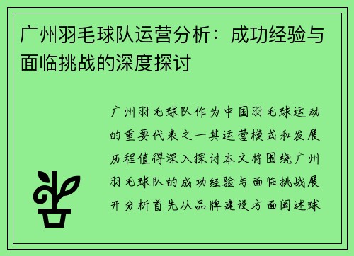广州羽毛球队运营分析：成功经验与面临挑战的深度探讨
