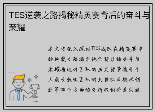 TES逆袭之路揭秘精英赛背后的奋斗与荣耀