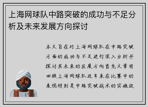上海网球队中路突破的成功与不足分析及未来发展方向探讨
