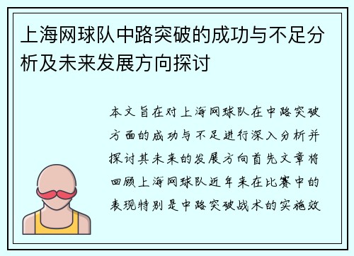 上海网球队中路突破的成功与不足分析及未来发展方向探讨