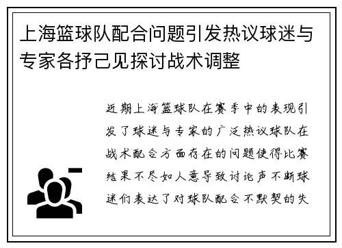 上海篮球队配合问题引发热议球迷与专家各抒己见探讨战术调整